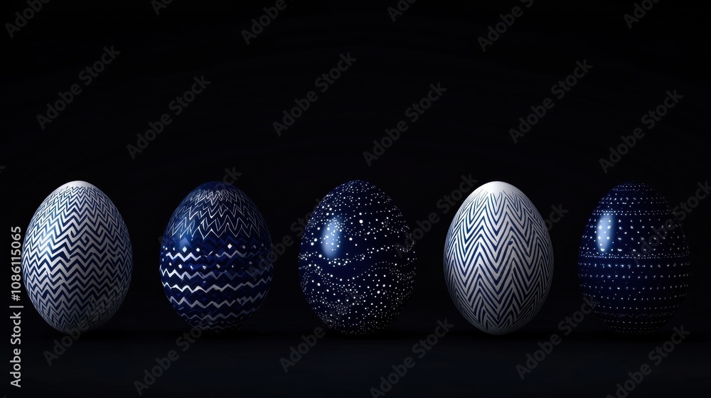 Poster A row of five blue and white eggs with zigzag patterns