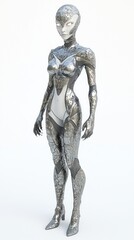 Futuristic Alien Female Character with Silver Skin, White Eyes, and Intricate Tattoos, Captivating in Form-Fitting Suit on Isolated Background