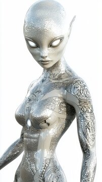 Futuristic Alien Female Character with Silver Skin and Intricate Tattoos in Form-Fitting Suit on Isolated Background - Ultra-Detailed 3D Render Illustration