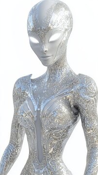 Enigmatic Silver Alien Female Character in Form-Fitting Suit - Ultra-Detailed 3D Model on White Background