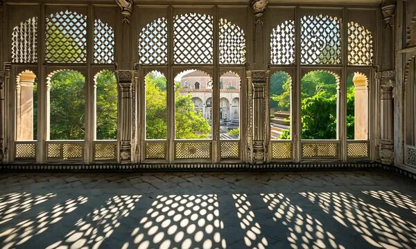 Captivating Architectural Beauty of an Ornate Window in a Historical Indian Palace with Intricate Jali Work Casting Beautiful Shadows on the Floor