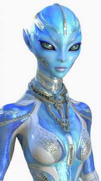 Extraterrestrial Beauty - 3D Model of Enthralling Alien Female with Iridescent Blue Skin and Intricate Jewelry on Isolated White Background