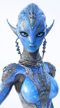 Extraterrestrial Elegance - Ultra-Detailed 3D Model of Alien Female with Iridescent Blue Skin and Cosmic Jewelry on White Background