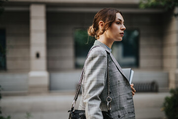Confident young businesswoman walking on the street, carrying a notebook and handbag. She is...