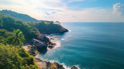 Fototapeta premium A picturesque summer seacoast with an open view of the calm sea.