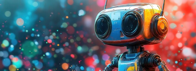 Colorful playful AI robot made of geometric shapes in a bright and lively setting with vibrant red, blue, and green splashes