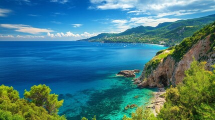 Fototapeta premium A picturesque summer seacoast with an open view of the calm sea.