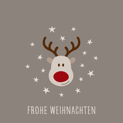 Frohe Weihnachten - Schriftzug in deutscher Sprache. Quadratische Grußkarte mit einem niedlichen Elch mit roter Nase.