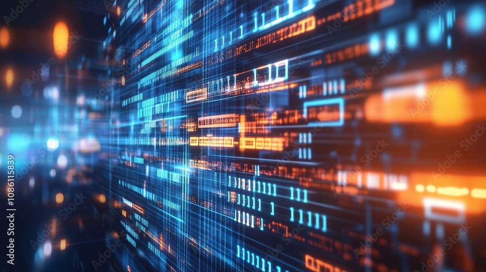 Poster with futuristic hud screen and blue data matrix simulation on abstract background