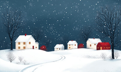 Fototapeta premium Seamless vector pattern of white Christmas trees and houses on a snowy winter background, minimalistic flat design in light blue tones, wide banner with copy space for text