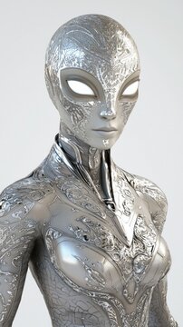Futuristic Alien Female Character with Silver Skin and Intricate Tattoos in Sci-Fi Suit on Isolated White Background, Ultra-Detailed 3D Render