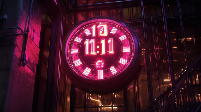 A sequence of repeating numbers "11:11" glowing on a cosmic clock face, symbolizing synchronicity and spiritual awakening