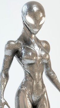 Futuristic Alien Female Character with Silver Skin and Intricate Facial Tattoos on Isolated Background