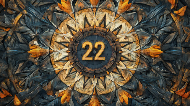 A detailed mandala with the number "22" at its center, surrounded by symmetrical patterns symbolizing mastery and balance