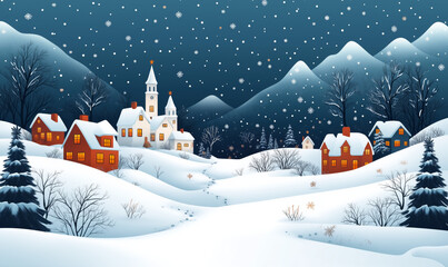 Naklejka premium Seamless vector pattern of white Christmas trees and houses on a snowy winter background, minimalistic flat design in light blue tones, wide banner with copy space for text