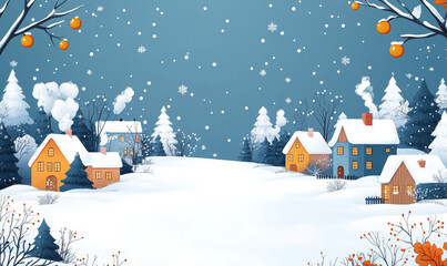 Naklejka premium Seamless vector pattern of white Christmas trees and houses on a snowy winter background, minimalistic flat design in light blue tones, wide banner with copy space for text