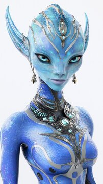 Alien Female Character with Iridescent Blue Skin and Jewelry on Isolated White Background