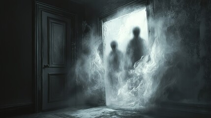 Fototapeta premium Two Ethereal Figures Emerging from a Doorway in a Dark Room