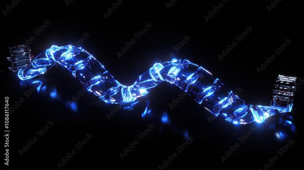 Poster a glowing representation of the dna double helix, illuminated in blue light, highlights its intricat