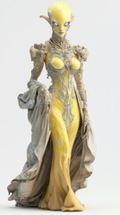 Obraz premium Alien Female Character with Radiant Yellow Skin and Elaborate Tattoos in Flowing Gown on White Background - Ultra-Detailed 3D Model