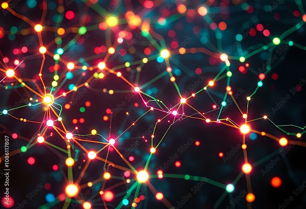 Poster cyberpunk data web glowing nodes neon circuit board abstract art