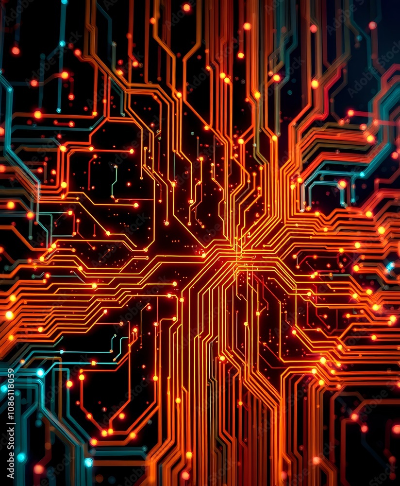 Aufkleber neon circuit board data visualization - cyberpunk abstract art