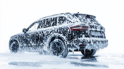 A soapy SUV ready for a car wash, isolated on a plain white background.

