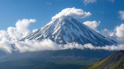 Fototapeta premium Stunning view of snow-capped volcano in Kamchatka surrounded by clouds and blue sky during daylight hours