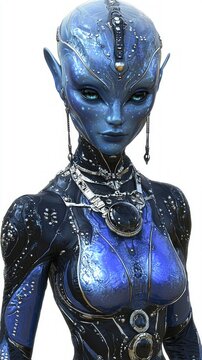 Futuristic Alien Female Character with Iridescent Blue Skin and Intricate Jewelry on Isolated White Background