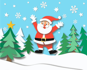 A cheerful vector illustration depicting Santa Claus joyfully jumping in a snowy forest. Santa, with a wide smile and outstretched arms, is surrounded by snow-laden trees, falling snowflakes.