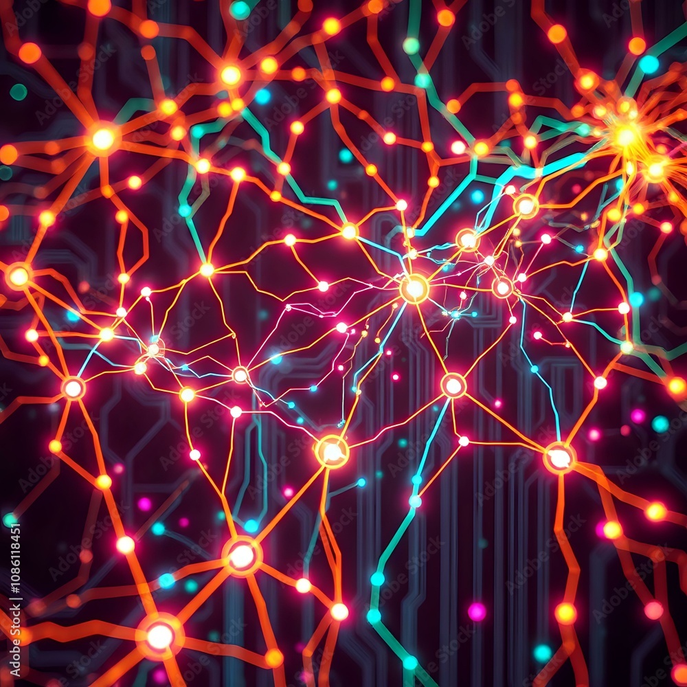 Poster interconnected neon nodes: retro-futuristic data visualization