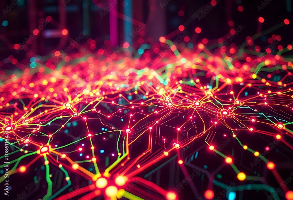 Poster neon circuit board data visualization