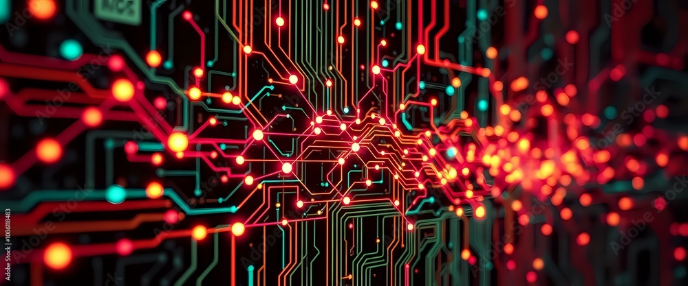 Poster neon circuit board data visualization - retro-futuristic abstract art