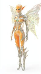 Extraterrestrial Beauty: Elegant Alien Female 3D Character with Orange Skin, Emerald Eyes, and Ethereal Wings in Technologically Advanced Outfit Isolated on White Background