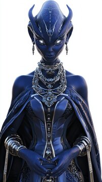Elegant Indigo Alien Female Model with Silver Eyes in Stylish Gown | 3D Render of Graceful Extraterrestrial Beauty on White Background