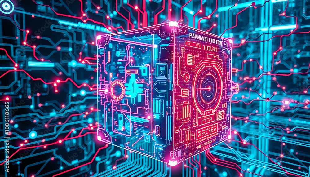 Aufkleber interactive circuit board design with neon highlights and red produce button