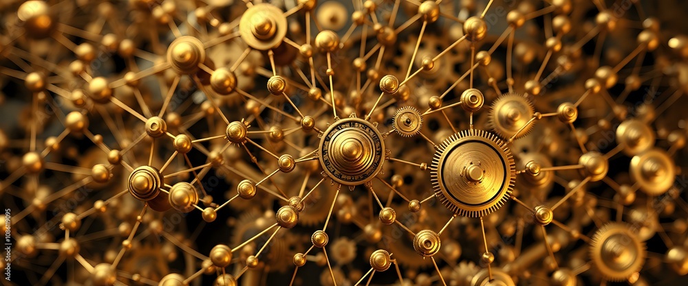 Poster steampunk data visualization - intricate brass nodes connected by wires
