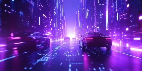 A futuristic race through a neon-lit digital world, where 2D graphic overlays interact with 3D vehicles and characters, blurring the boundaries between dimensions 