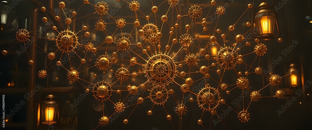 Poster steampunk data visualization with warm glowing lights and gears