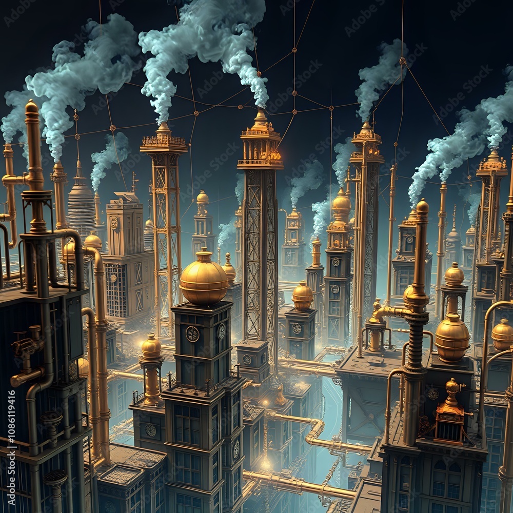 Poster Steampunk Cityscape with Intricate Data Visualization & Mechanical Elements