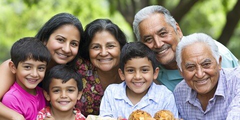 A multigenerational family of different ethnic backgrounds enjoying a picnic in a vibrant park, with children playing and grandparents smiling 