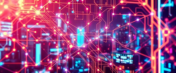 Obraz premium Neon Circuit Board Cyberpunk Data Visualization in Electric Colors