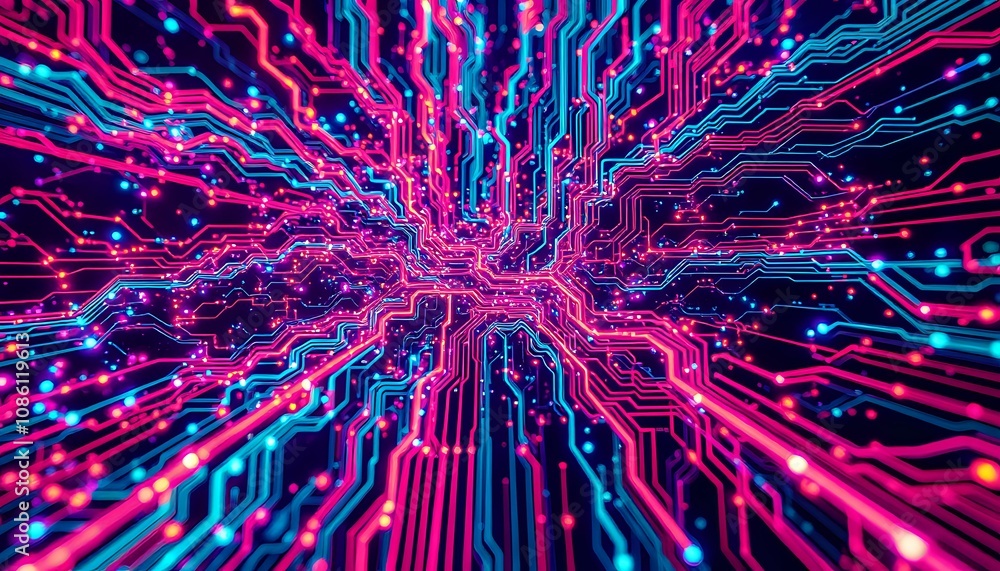 Poster neon circuit board data visualization - cyberpunk abstract art