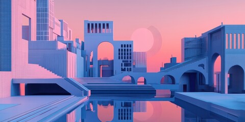 A surreal blend of 2D illustrations and 3D elements, where geometric shapes morph into complex architectural forms, all set against a futuristic cityscape backdrop 