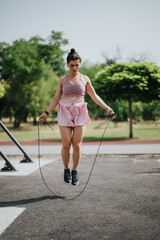 Young woman exercising by jumping rope in an urban park on a sunny day, showcasing outdoor fitness and healthy lifestyle.