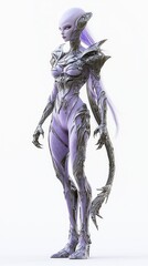 Futuristic Alien Female Warrior in Lavender Armor on White Background - Ultra-Detailed 3D Render with Color-changing Hair and Elegant Features