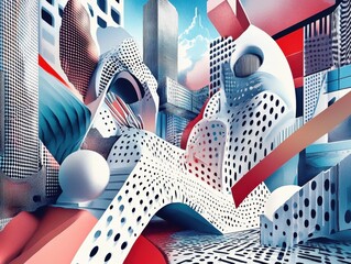 A surreal blend of 2D illustrations and 3D elements, where geometric shapes morph into complex architectural forms, all set against a futuristic cityscape backdrop 