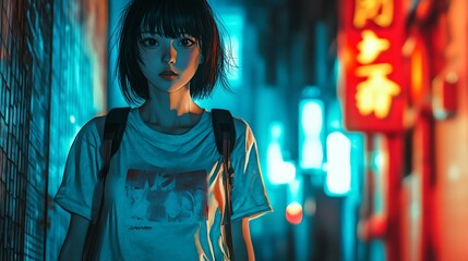 Anime girl in a neon lit alleyway. Concept of urban, vibrant, and stylish.