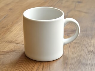 Close-up of a white coffee mug on a plain wooden table with plenty of empty space around, emphasizing simplicity and focus
