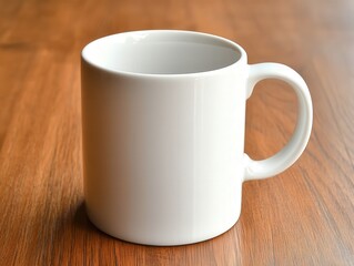 Close-up of a white coffee mug on a plain wooden table with plenty of empty space around, emphasizing simplicity and focus